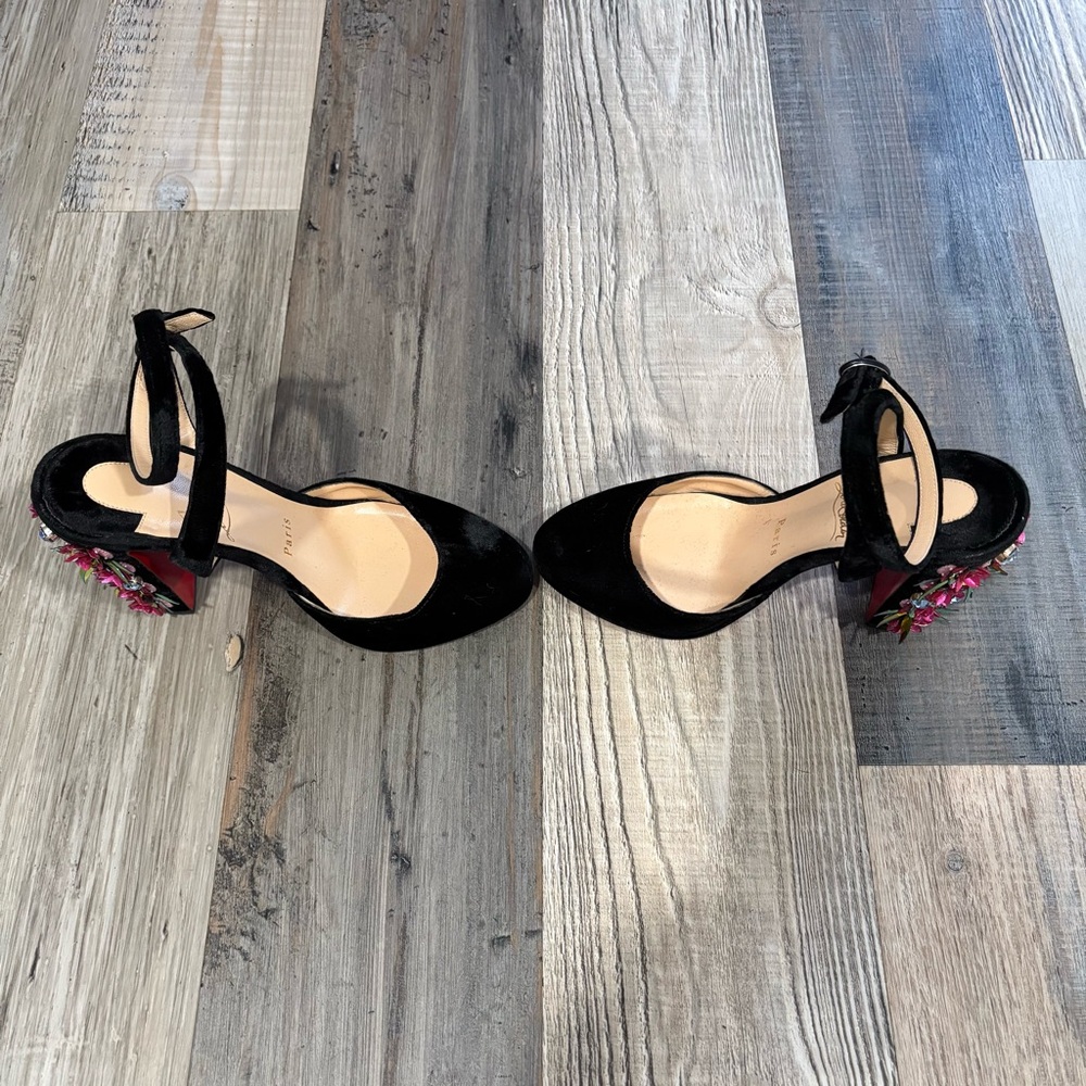 Christian Louboutin Black Velvet Heels with Floral Accents! - Picture 6 of 8
